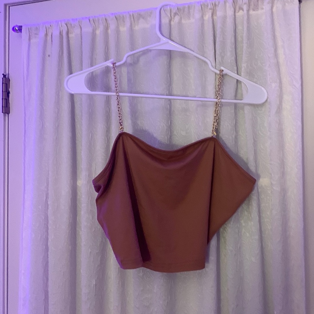 pink velvet crop top with gold chain straps size medium